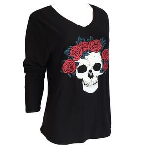 Juniors Black Skull & Rose's Long Sleeve Shirt Size-XS